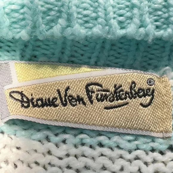 Vintage Diane Von Furstenberg Sweater Mock Neck 80's Aqua & White Size Small S - Picture 3 of 7